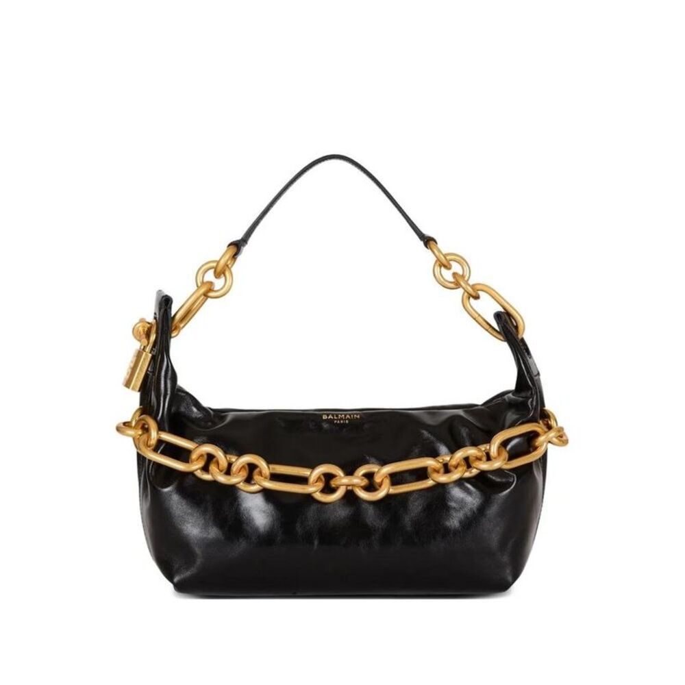 BALMAIN Leather Hobo Bag with Chain Detail Women BLACK Handbags
